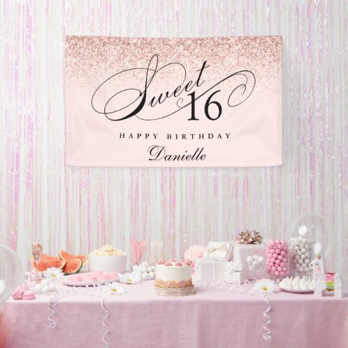 Blush Pink Glitter Confetti Sweet 16 Birthday  Banner