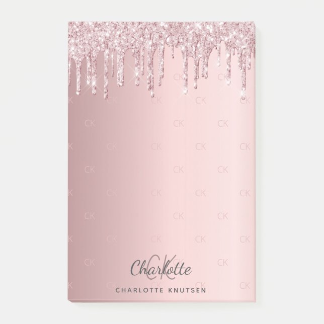 Blush pink glitter drip monogram initials post-it notes (Front)
