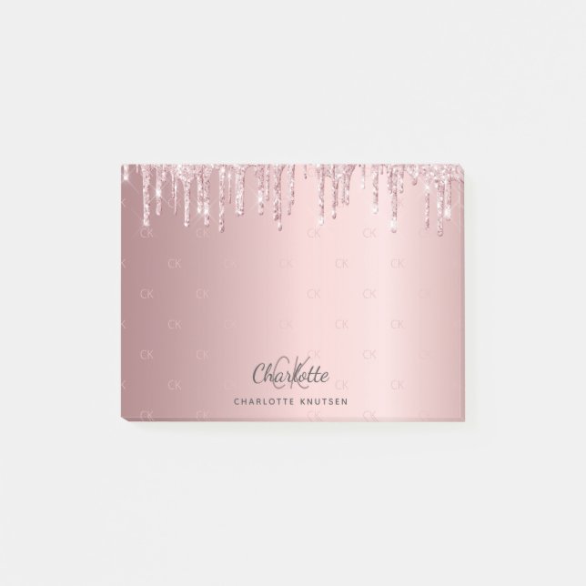 Blush pink glitter drip monogram initials post-it notes (Front)