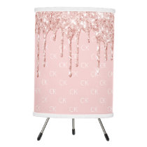 Blush pink glitter drip monogram rose gold tripod lamp