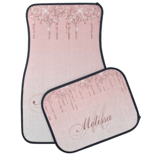 blush pink glitter drip monogrammed car floor mat