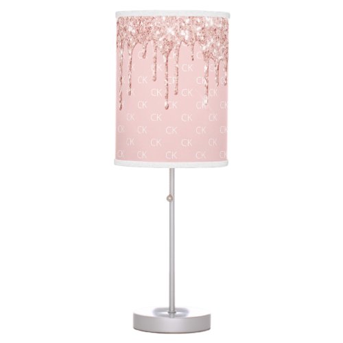 Blush pink glitter drip sparkle monogram rose gold table lamp