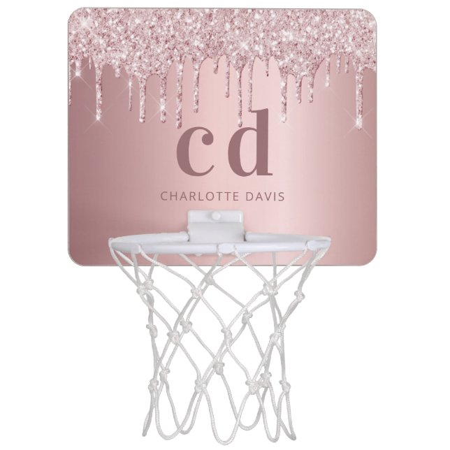 Blush pink glitter drips custom monogram name mini basketball hoop (Front)