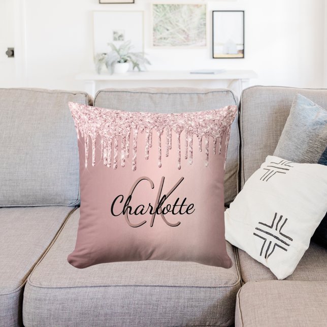 Blush pink glitter drips custom monogram name throw pillow (Creator Uploaded)