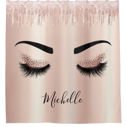 blush pink glitter drips eyes lashes rose gold shower curtain