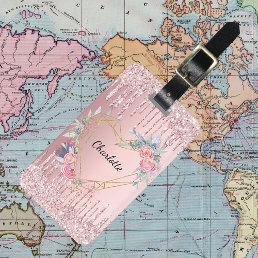 Blush pink glitter drips floral monogram name luggage tag