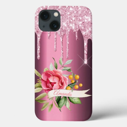 Blush pink glitter drips florals burgundy name iPhone 13 case