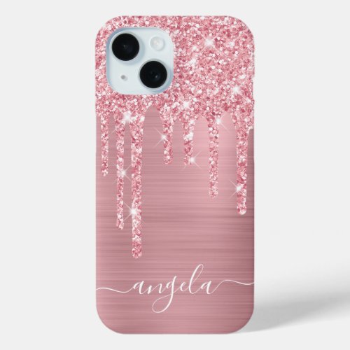 Blush Pink Glitter Drips Glam Girly Signature iPhone 15 Case