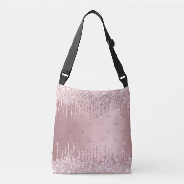Blush pink glitter drips monogram elegant crossbody bag (Front)