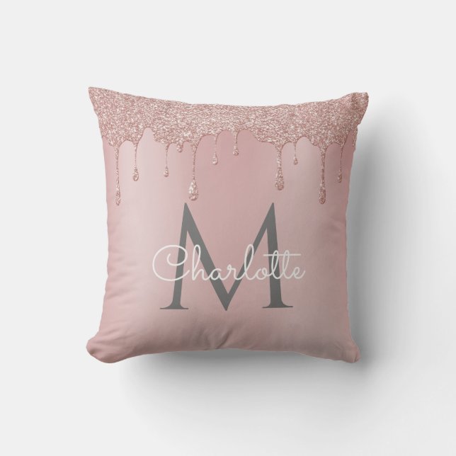 Blush Pink Glitter Drips Monogram Elegant Script Throw Pillow (Front)