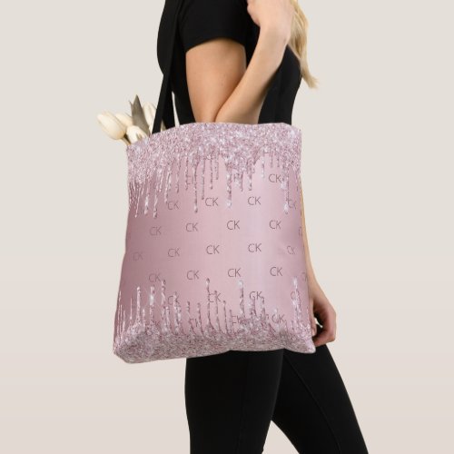 Blush pink glitter drips monogram elegant tote bag