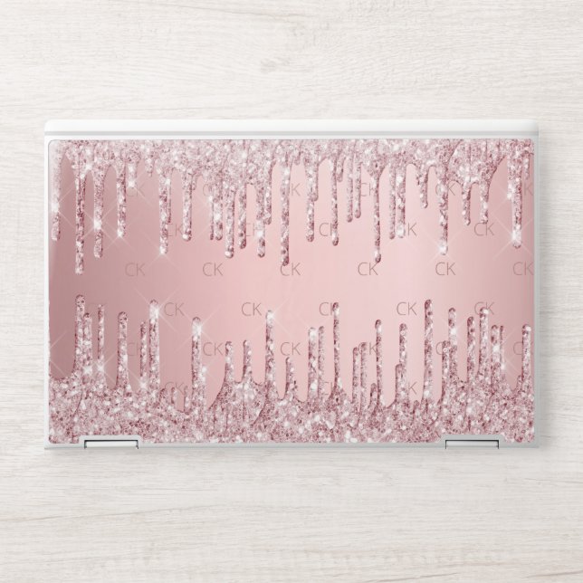 Blush pink glitter drips monogram initials HP laptop skin (Front)