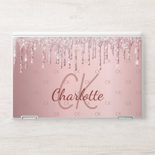 Blush pink glitter drips monogram initials name HP laptop skin