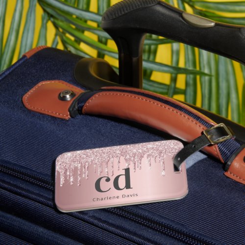 Blush pink glitter drips monogram initials name  luggage tag