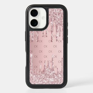 Blush pink glitter drips monogram initials iPhone 16 case
