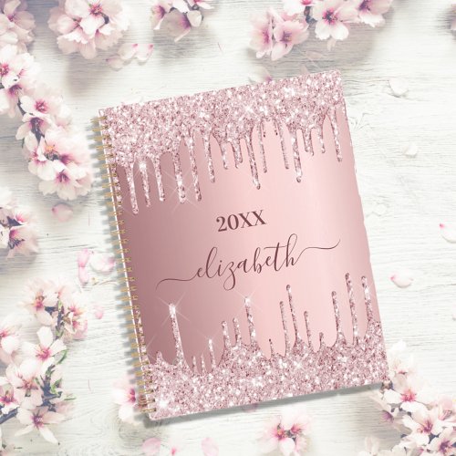 Blush pink glitter drips monogram name 2025 planner