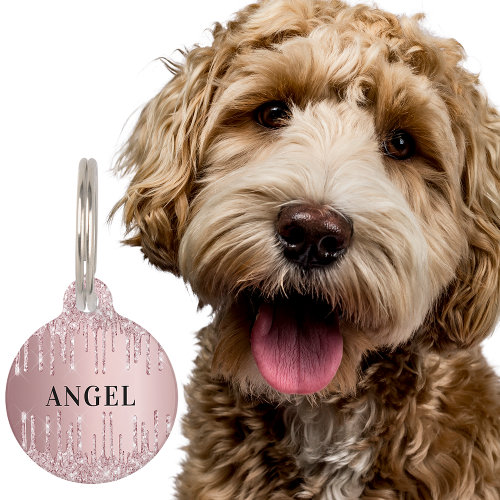 Blush pink glitter drips monogram name girl pet ID tag