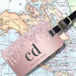 Blush pink glitter drips monogram name gray luggage tag
