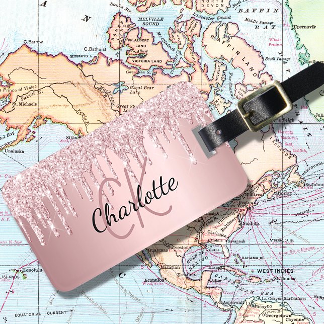 Blush pink glitter drips monogram name luggage tag (Creator Uploaded)