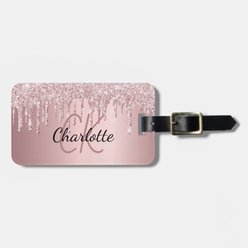 Blush pink glitter drips monogram name luggage tag | Zazzle