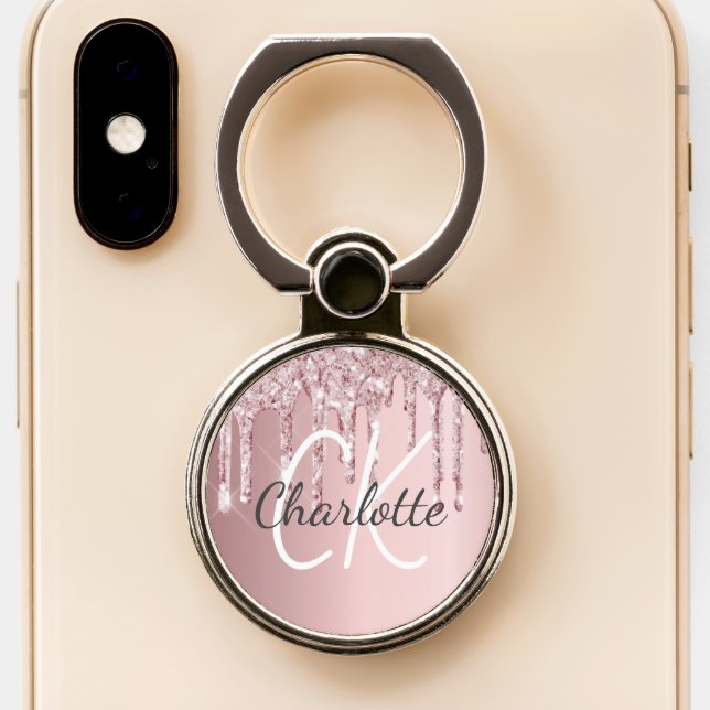 Blush pink glitter drips monogram name phone ring stand (Close Up)