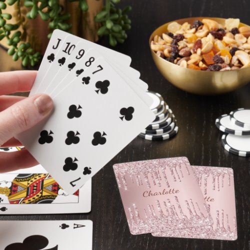 Blush pink glitter drips monogram name script poker cards