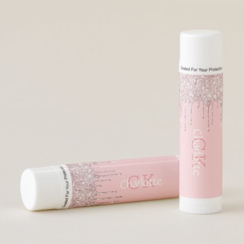 Blush pink glitter drips monogram rose gold lip balm