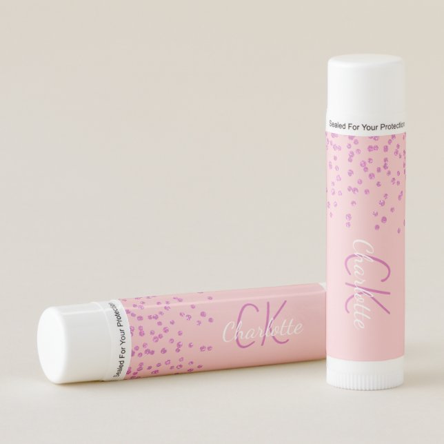 Blush pink glitter drips monogram rose gold  lip balm (Front)
