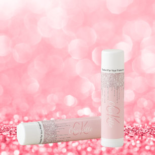 Blush pink glitter drips monogram rose gold lip balm