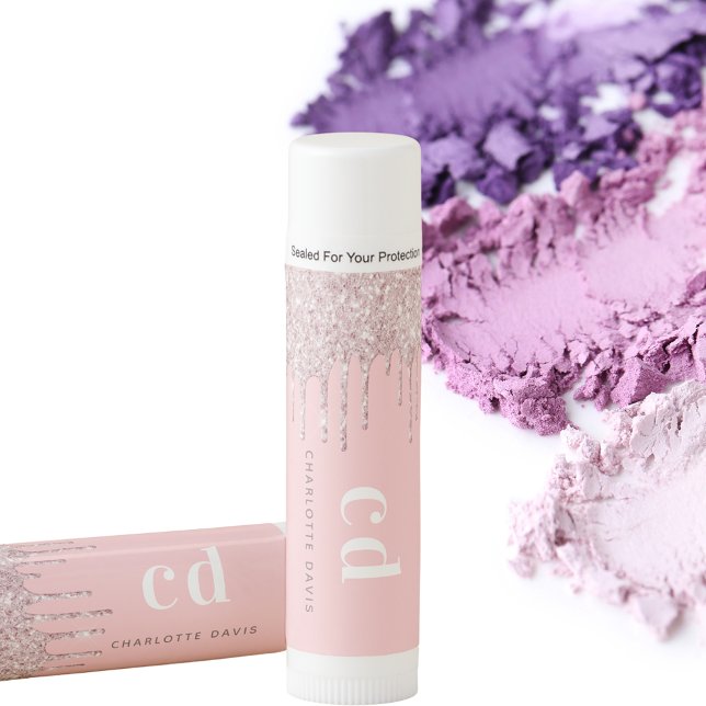 Blush pink glitter drips monogram rose gold  lip balm (Creator Uploaded)