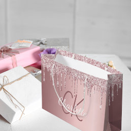 Blush pink glitter drips monogram script elegant  large gift bag
