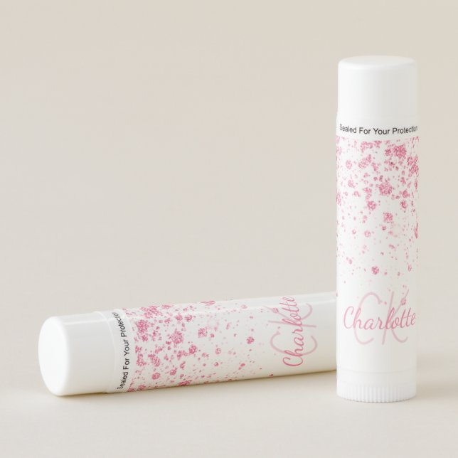 Blush pink glitter drips monogram white  lip balm (Front)