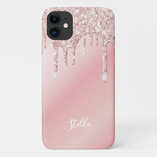Blush pink glitter drips  name iPhone 11 case