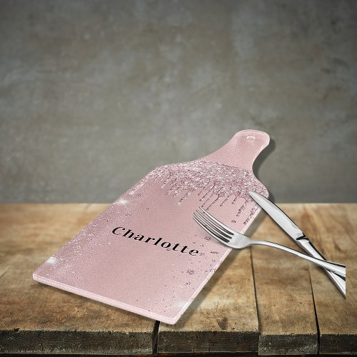 Blush pink glitter drips name cutting board