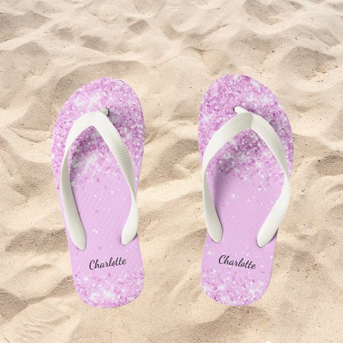 Blush pink glitter drips name girl  kids flip flops