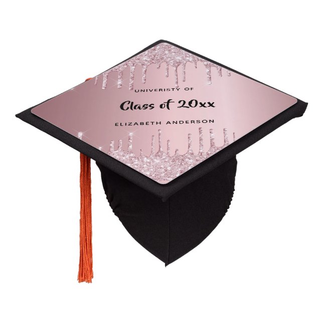 Blush pink glitter drips name school graduation cap topper (Angled)