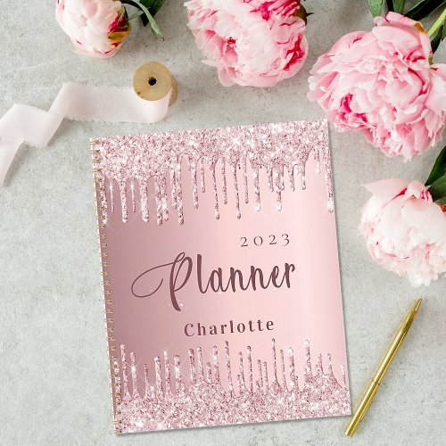 Blush pink glitter drips name script 2024 planner