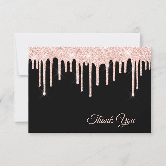 Blush Pink Glitter Drips on Black Thank You Card (Front)