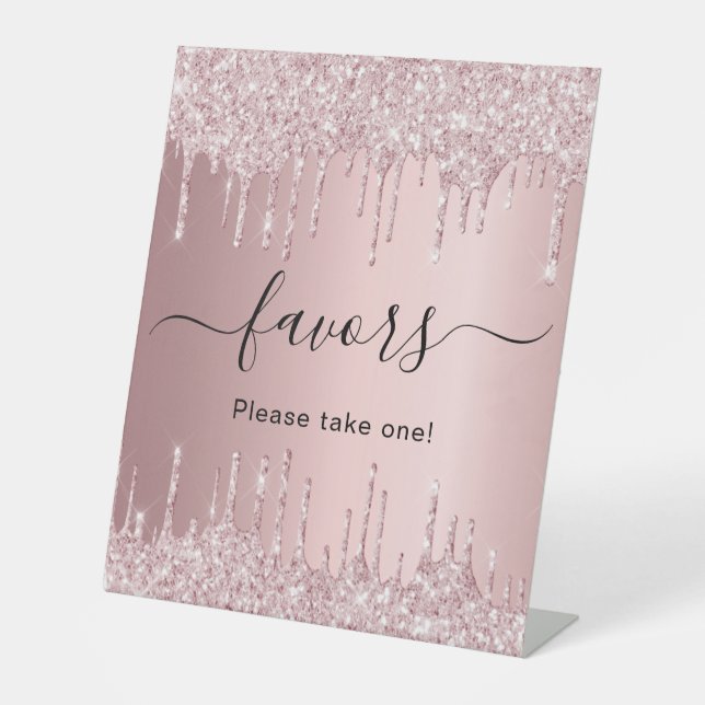Blush pink glitter drips party favors pedestal sign (Front)