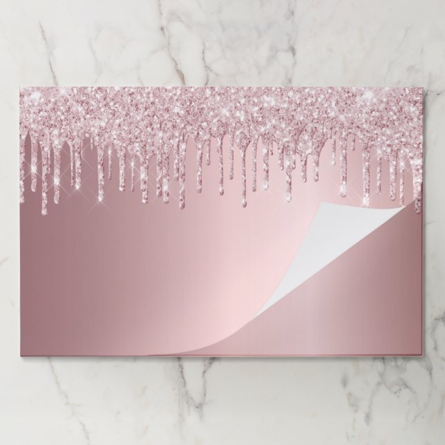 Blush pink glitter drips party paper placemat (Folded)