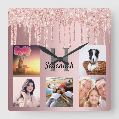 Blush pink glitter drips photo collage family name square wall clock