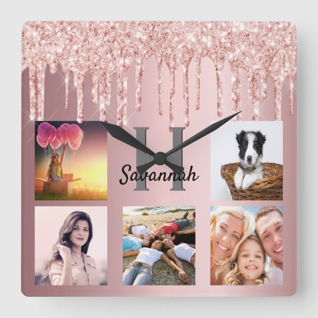 Blush pink glitter drips photo collage family name square wall clock (Front)