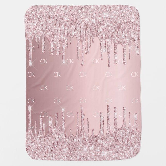 Blush pink glitter drips sparkle monogram baby blanket (Front)
