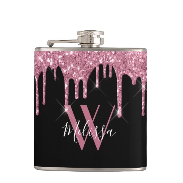 Blush Pink Glitter Drips Sparkle Monogram Black Flask (Front)