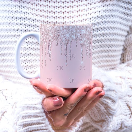 Blush pink glitter drips sparkle monogram coffee mug