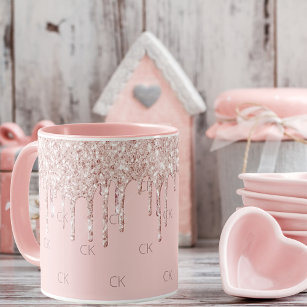Blush pink glitter drips sparkle monogram mug