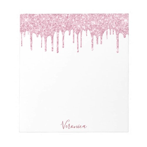 Blush pink glitter drips white name notepad