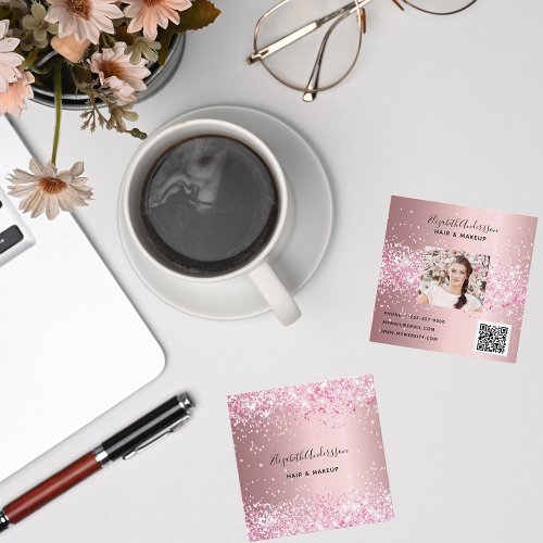 Blush pink glitter dust profile photo qr code square business card