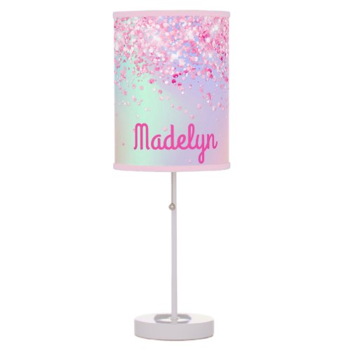 Blush pink glitter dust rose gold rainbow name  table lamp