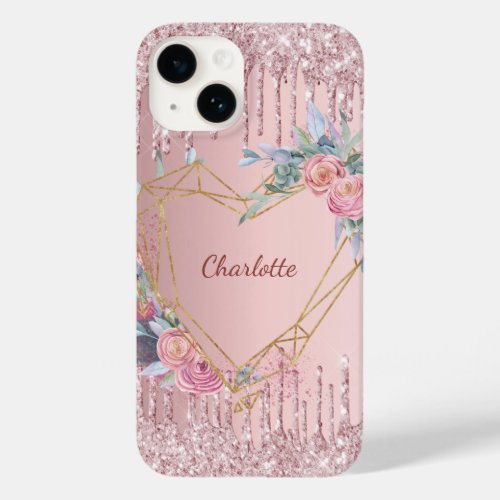 Blush pink glitter floral monogram name Case_Mate iPhone 14 case